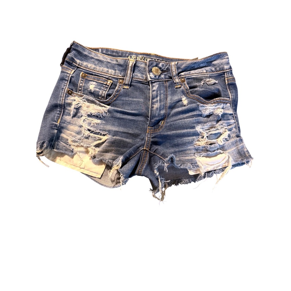 American Eagle Shortie Distressed Denim Shorts Super Stretch Medium Wash Size 2